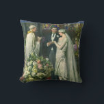 Vintage Wedding, Bride and Groom with Menorah Cushion<br><div class="desc">Vintage illustration love and romance wedding ceremony image featuring a couple getting married in a beautiful synagogue with stained glass windows,  flowers and a seven branch menorah. The bride is wearing a long white wedding gown and the groom is handsome in his tuxedo.</div>