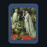Vintage Wedding, Bride and Groom with Menorah Magnet<br><div class="desc">Vintage illustration love and romance wedding ceremony image featuring a couple getting married in a beautiful synagogue with stained glass windows,  flowers and a seven branch menorah. The bride is wearing a long white wedding gown and the groom is handsome in his tuxedo.</div>