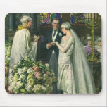 Vintage Wedding, Bride and Groom with Menorah Mouse Mat<br><div class="desc">Vintage illustration love and romance wedding ceremony image featuring a couple getting married in a beautiful synagogue with stained glass windows,  flowers and a seven branch menorah. The bride is wearing a long white wedding gown and the groom is handsome in his tuxedo.</div>