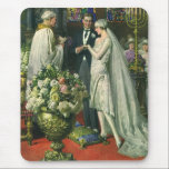 Vintage Wedding, Bride and Groom with Menorah Mouse Mat<br><div class="desc">Vintage illustration love and romance wedding ceremony image featuring a couple getting married in a beautiful synagogue with stained glass windows,  flowers and a seven branch menorah. The bride is wearing a long white wedding gown and the groom is handsome in his tuxedo.</div>