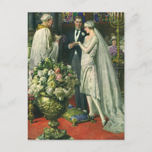 Vintage Wedding, Bride and Groom with Menorah Postcard