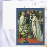Vintage Wedding, Bride and Groom with Menorah Postcard<br><div class="desc">Vintage illustration love and romance wedding ceremony image featuring a couple getting married in a beautiful synagogue with stained glass windows,  flowers and a seven branch menorah. The bride is wearing a long white wedding gown and the groom is handsome in his tuxedo.</div>