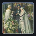 Vintage Wedding, Bride and Groom with Menorah Square Wall Clock<br><div class="desc">Vintage illustration love and romance wedding ceremony image featuring a couple getting married in a beautiful synagogue with stained glass windows,  flowers and a seven branch menorah. The bride is wearing a long white wedding gown and the groom is handsome in his tuxedo.</div>
