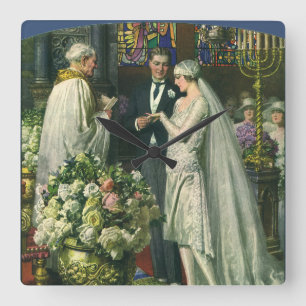 Vintage Wedding, Bride and Groom with Menorah Square Wall Clock