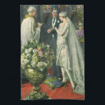 Vintage Wedding, Bride and Groom with Menorah Tea Towel<br><div class="desc">Vintage illustration love and romance wedding ceremony image featuring a couple getting married in a beautiful synagogue with stained glass windows,  flowers and a seven branch menorah. The bride is wearing a long white wedding gown and the groom is handsome in his tuxedo.</div>