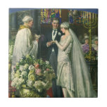 Vintage Wedding, Bride and Groom with Menorah Tile<br><div class="desc">Vintage illustration love and romance wedding ceremony image featuring a couple getting married in a beautiful synagogue with stained glass windows,  flowers and a seven branch menorah. The bride is wearing a long white wedding gown and the groom is handsome in his tuxedo.</div>
