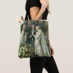 Vintage Wedding, Bride and Groom with Menorah Tote Bag<br><div class="desc">Vintage illustration love and romance wedding ceremony image featuring a couple getting married in a beautiful synagogue with stained glass windows,  flowers and a seven branch menorah. The bride is wearing a long white wedding gown and the groom is handsome in his tuxedo.</div>