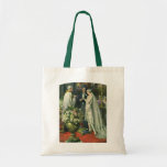 Vintage Wedding, Bride and Groom with Menorah Tote Bag<br><div class="desc">Vintage illustration love and romance wedding ceremony image featuring a couple getting married in a beautiful synagogue with stained glass windows,  flowers and a seven branch menorah. The bride is wearing a long white wedding gown and the groom is handsome in his tuxedo.</div>