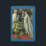 Vintage Wedding, Bride and Groom with Menorah Trifold Wallet<br><div class="desc">Vintage illustration love and romance wedding ceremony image featuring a couple getting married in a beautiful synagogue with stained glass windows,  flowers and a seven branch menorah. The bride is wearing a long white wedding gown and the groom is handsome in his tuxedo.</div>