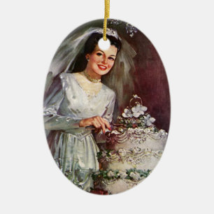 Vintage Wedding, Bride Cutting the Wedding Cake Ceramic Tree Decoration