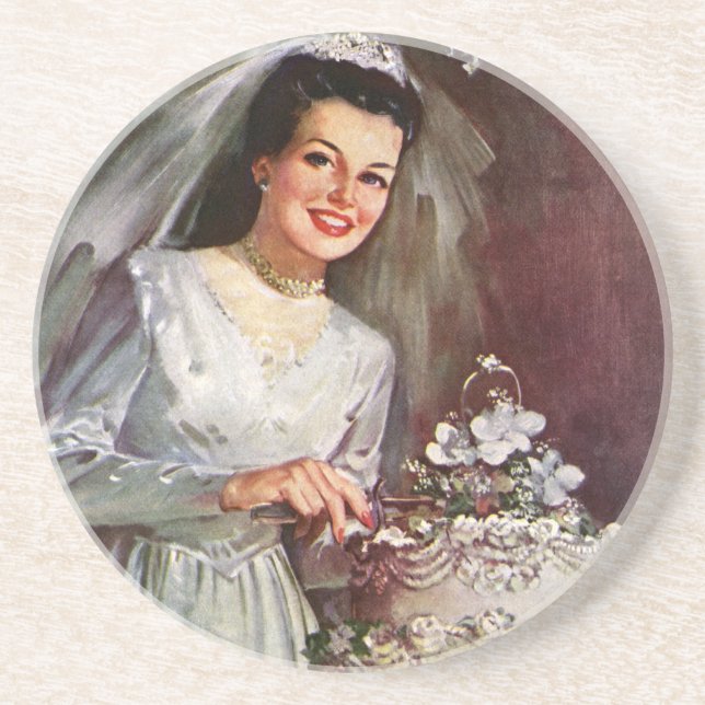 Vintage Wedding, Bride Cutting the Wedding Cake Coaster (Front)