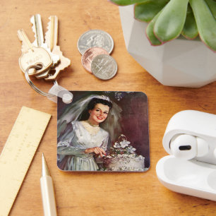Vintage Wedding, Bride Cutting the Wedding Cake Key Ring