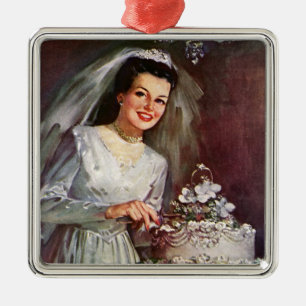 Vintage Wedding, Bride Cutting the Wedding Cake Metal Tree Decoration