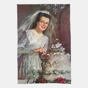 Vintage Wedding, Bride Cutting the Wedding Cake Tea Towel