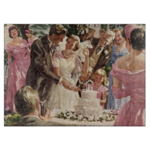 Vintage Wedding Bride Groom Newlyweds Cut the Cake Cutting Board