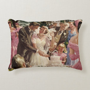 Vintage Wedding Bride Groom Newlyweds Cut the Cake Decorative Cushion