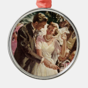 Vintage Wedding Bride Groom Newlyweds Cut the Cake Metal Tree Decoration