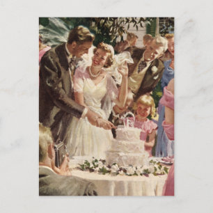 Vintage Wedding Bride Groom Newlyweds Cut the Cake Postcard