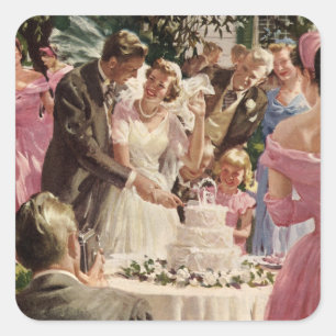 Vintage Wedding Bride Groom Newlyweds Cut the Cake Square Sticker