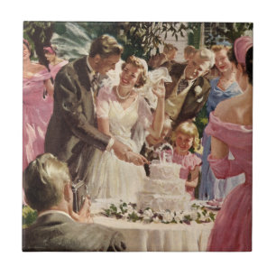 Vintage Wedding Bride Groom Newlyweds Cut the Cake Tile