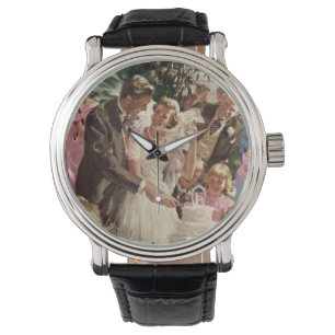 Vintage Wedding Bride Groom Newlyweds Cut the Cake Watch