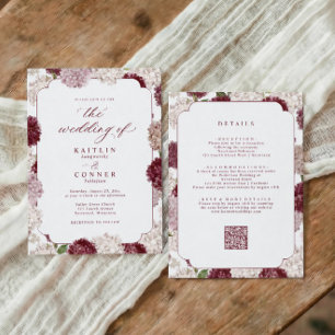 Vintage Wedding Burgundy Hydrangea Fall All in One Invitation