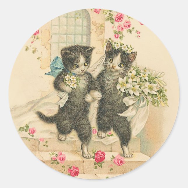 Vintage Wedding Cat Marriage Classic Round Sticker (Front)