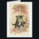 Vintage - Wedding Cats,<br><div class="desc">A vintage illustration of bride and groom cats on their wedding day.  They walk on hind legs in their wedding attire,  the bride carrying a bouquet,  along a rose petal strewn path.  An arch of pink roses hangs above them.  This card is blank inside for your own message.</div>
