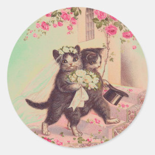 Vintage Wedding Cats Bride and Groom Classic Round Sticker