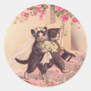 Vintage Wedding Cats Bride and Groom Classic Round Sticker