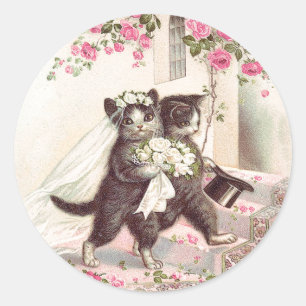 Vintage Wedding Cats Bride and Groom Classic Round Sticker