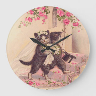 Vintage Wedding Cats Bride and Groom Large Clock
