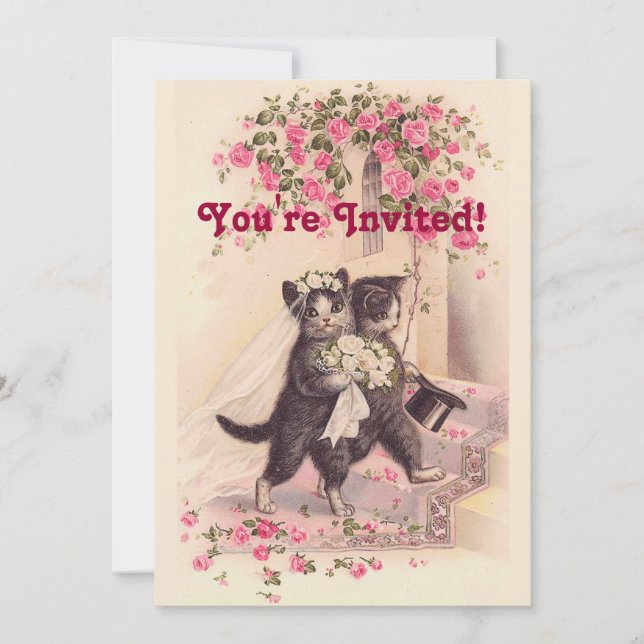 Vintage Wedding Cats Soft Pink Invitation (Front)