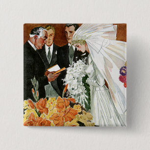 Vintage Wedding Ceremony, Bride Groom Newlyweds 15 Cm Square Badge