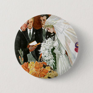 Vintage Wedding Ceremony, Bride Groom Newlyweds 6 Cm Round Badge