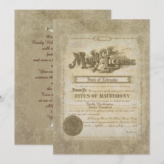Vintage Wedding Certificate Invitation (Front/Back)