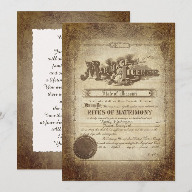 Vintage Wedding Certificate  Invitation (Front/Back)