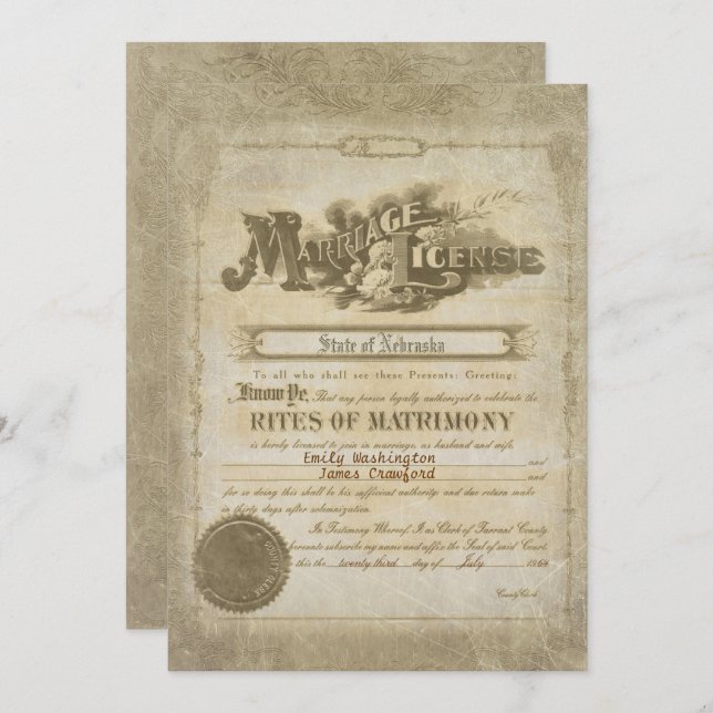 Vintage Wedding Certificate Invitation (Front/Back)