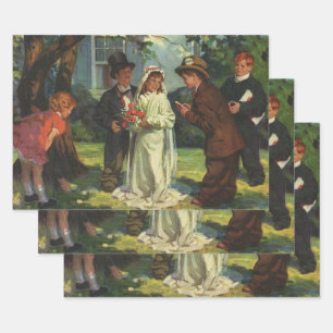Vintage Wedding, Children Pretend Bride and Groom Wrapping Paper Sheet