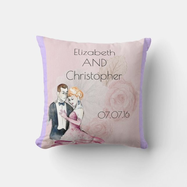Vintage Wedding Couple With Pink Rose Personalised Cushion (Front)