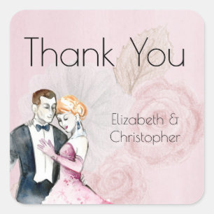 Vintage Wedding Couple With Pink Roses Thank You Square Sticker