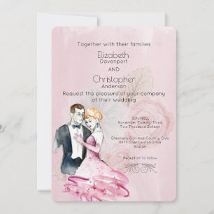 Vintage Wedding Couple With Pink Roses Wedding Invitation
