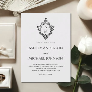 Vintage Wedding Crest Monogram Black White Antique Invitation