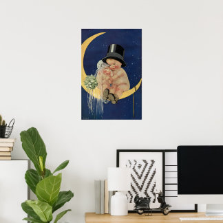 Vintage Wedding, Cute Bride and Groom on a Moon Poster