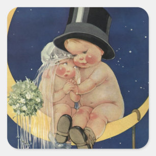 Vintage Wedding, Cute Bride and Groom on a Moon Square Sticker