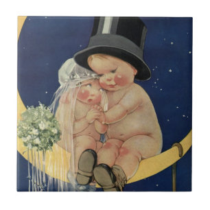 Vintage Wedding, Cute Bride and Groom on a Moon Tile