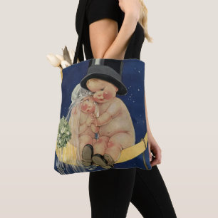 Vintage Wedding, Cute Bride and Groom on a Moon Tote Bag