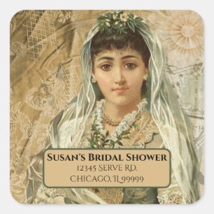 Vintage Wedding Day Bride in Veil and White Gloves Square Sticker