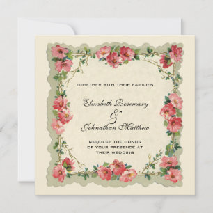 Vintage Wedding, Floral Flower Border Pink Roses Invitation