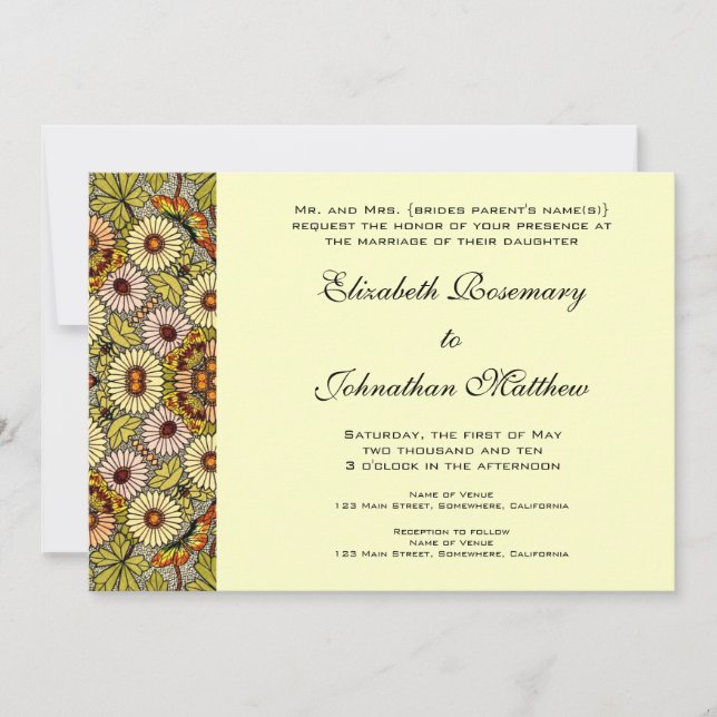 Vintage Wedding, Garden Flowers Floral Butterflies Invitation (Front)